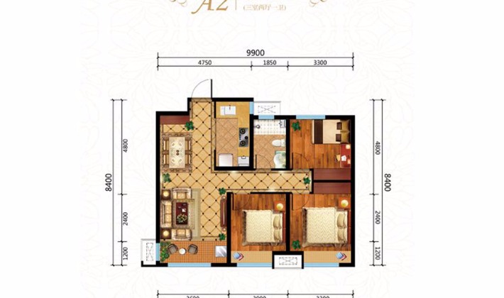 御山首府东6东7地块A2户型95平米3室2厅1卫1厨