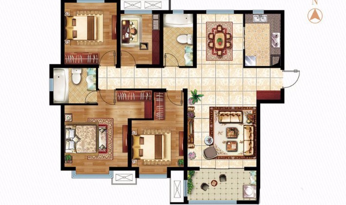 C1户型131平米4室2厅2卫1厨