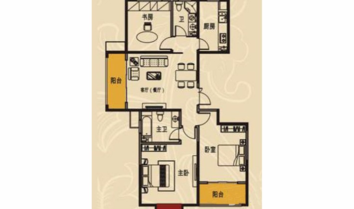 标准层06户型122平米3室2厅2卫1厨