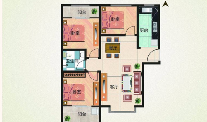 一期4-6#楼标准层E1户型105平米3室2厅1卫1厨