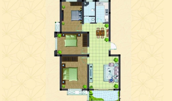 110m²户型， 2室2厅1卫， 建筑面积约110.00平米