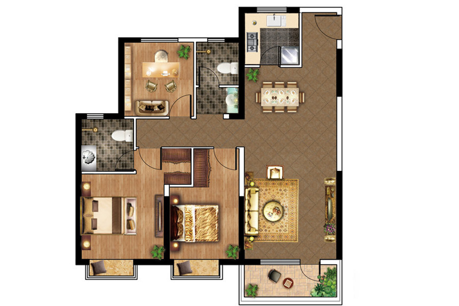 C户型， 3室2厅2卫1厨， 建筑面积约125.00平米