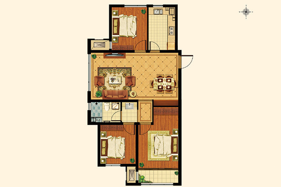 H-1户型， 3室2厅1卫1厨， 建筑面积约117.50平米