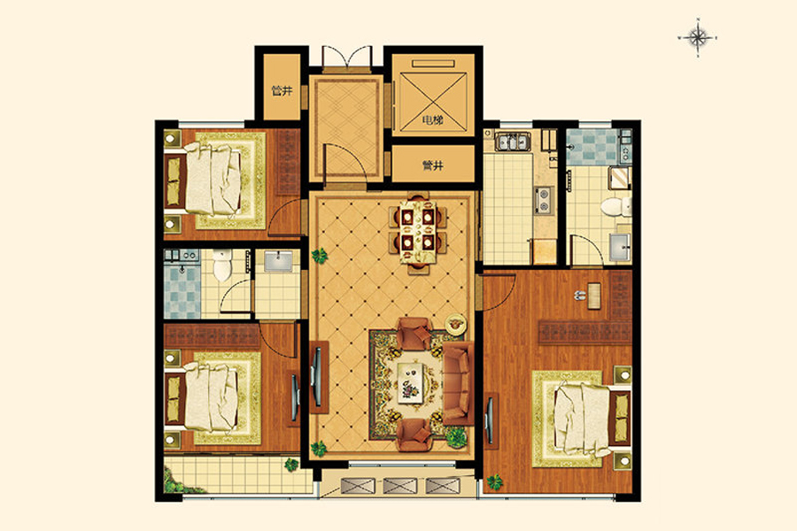 H-3， 3室2厅2卫1厨， 建筑面积约128.50平米
