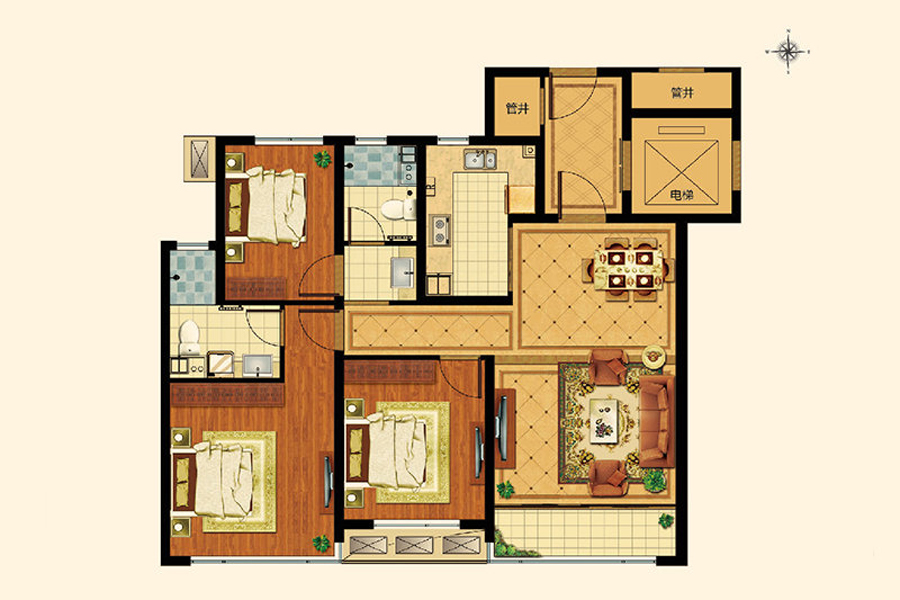 H-4， 3室2厅2卫1厨， 建筑面积约128.50平米