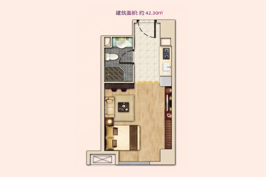 公寓5#E户型42平米1室1厅1卫1厨