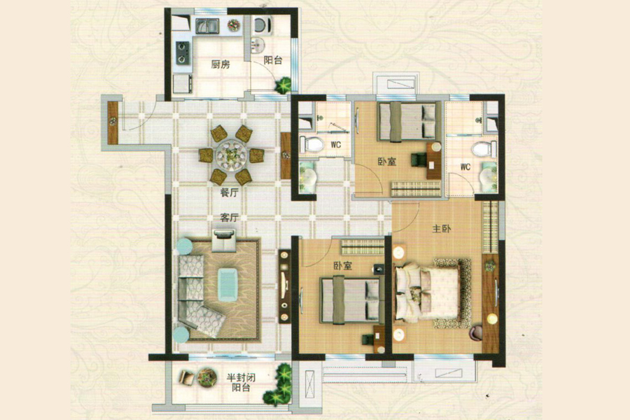 YJ110P-C128m²， 3室2厅2卫1厨， 建筑面积约128.00平米